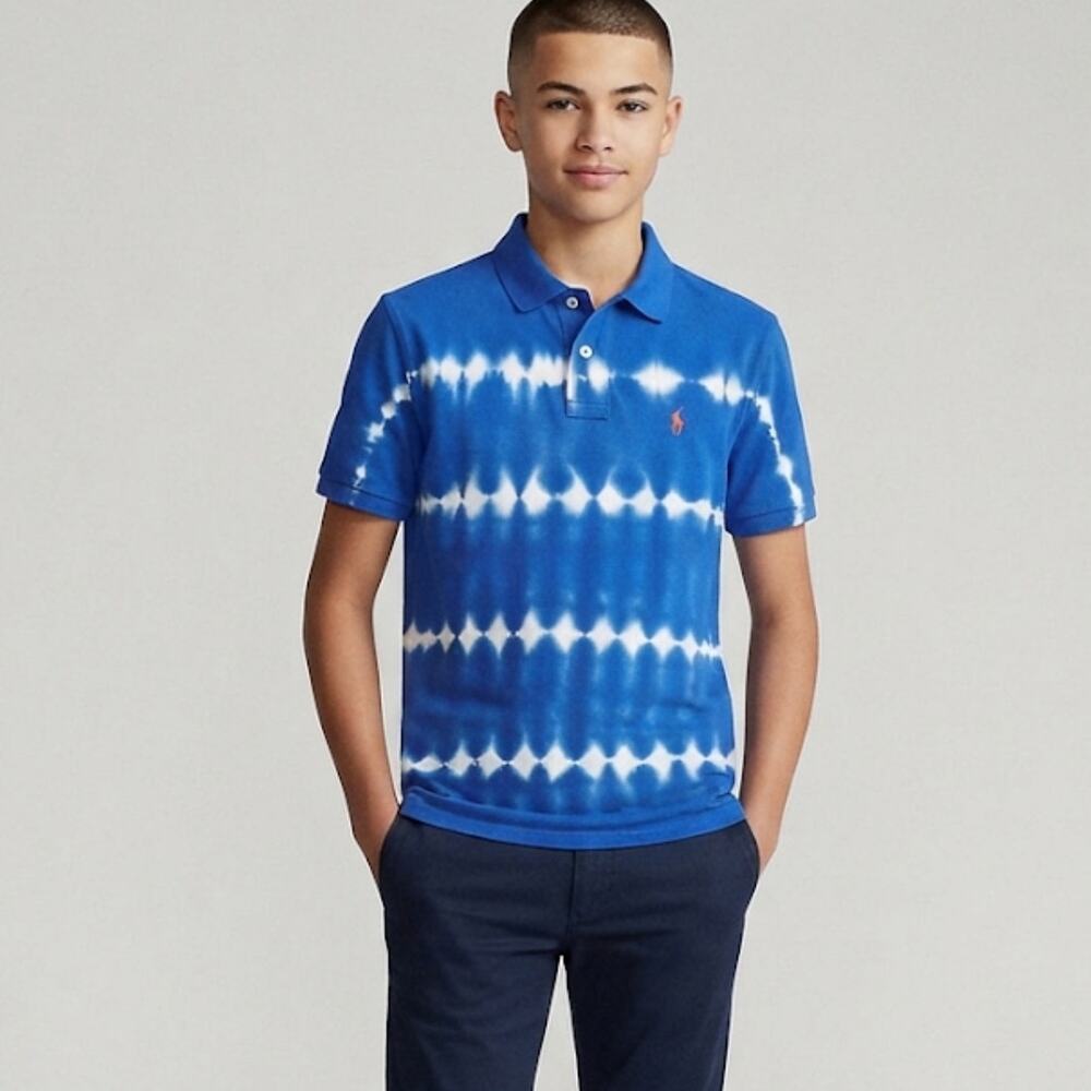Polo Ralph Lauren Tie-Dye Cotton Mesh Polo Shirt Youth Size L Blue White Cotton